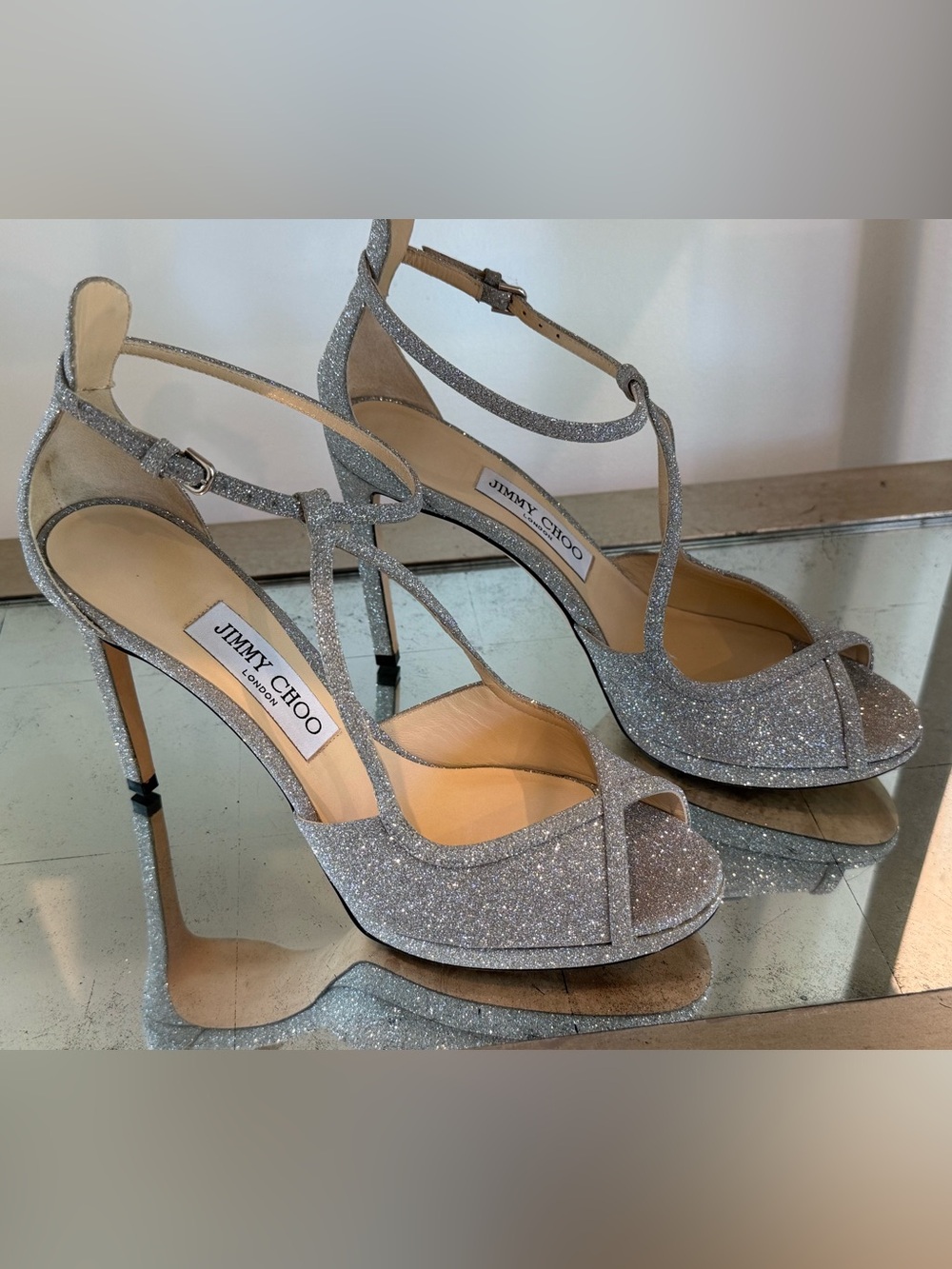 Jimmy Choo Fawne Silver Glitter Heels